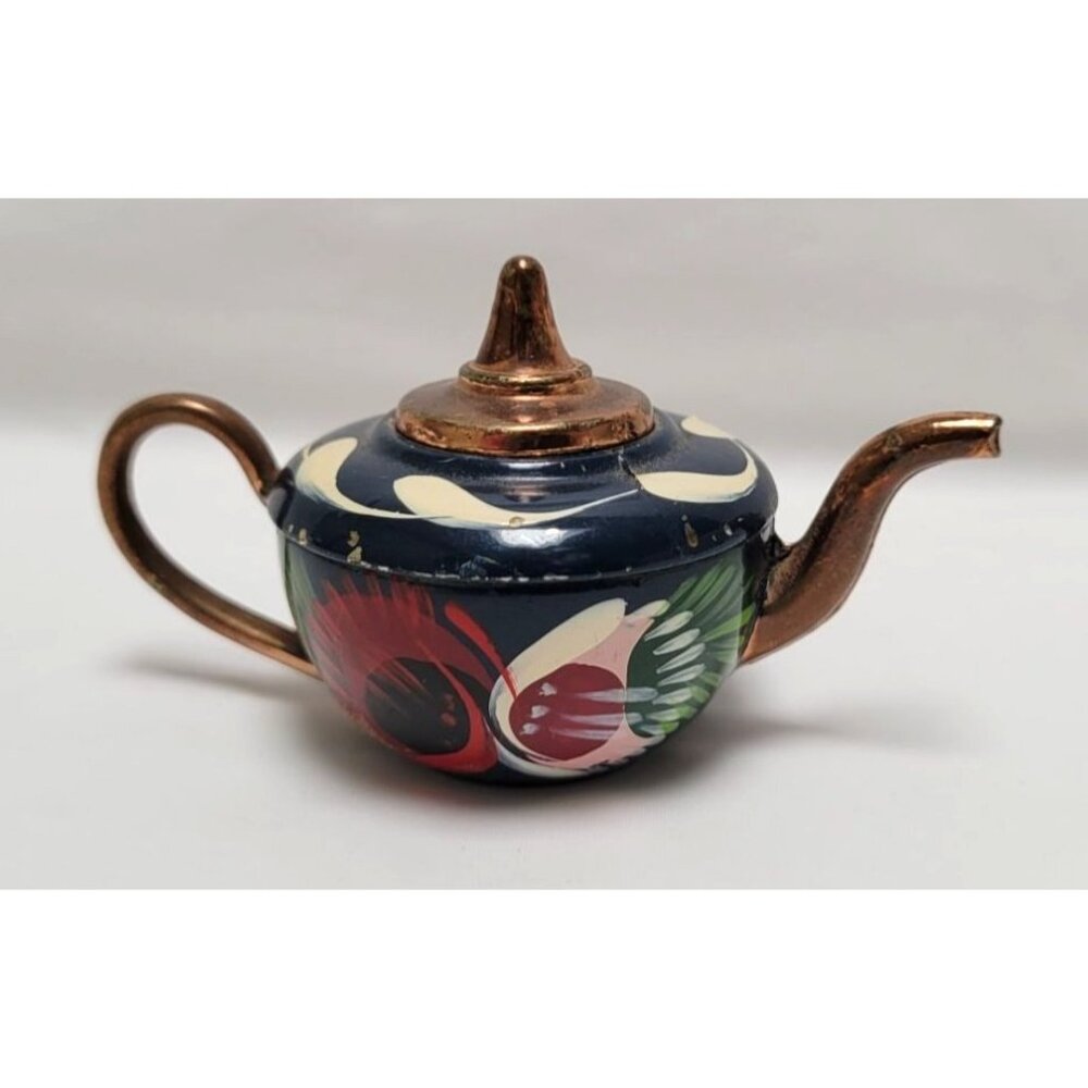 Vintage Miniature Copper Enamel Hand Painted Metal Teapot Floral Design